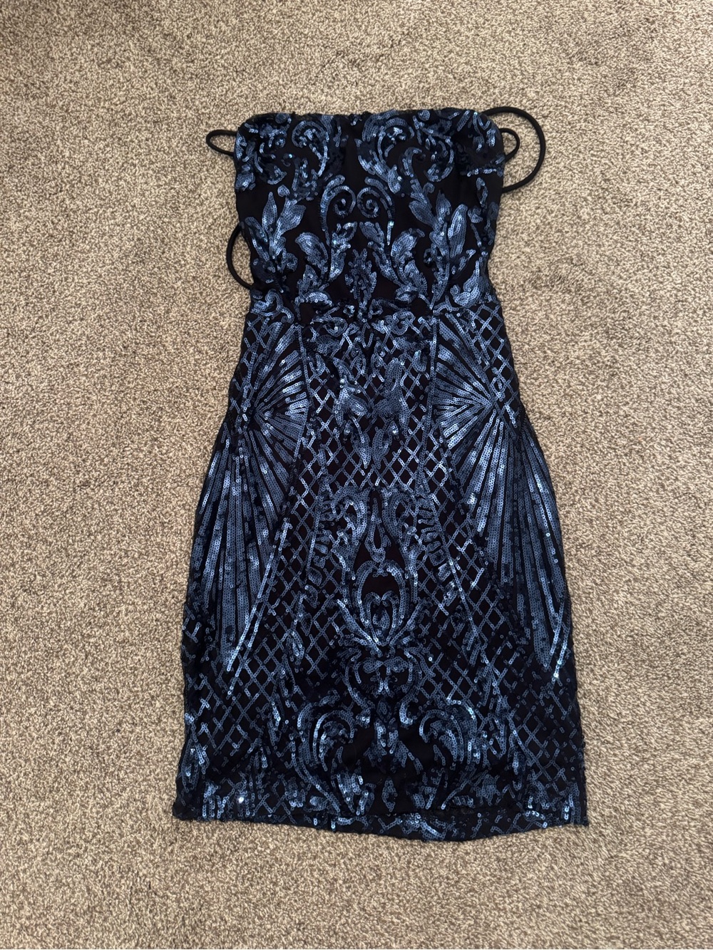 Windsor Black and Deep Blue Velvet Burnout Strapless Mini Dress
